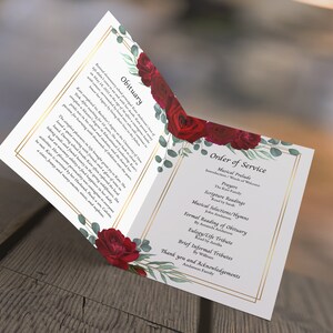 Red Rose Funeral Program Template, 4-page Booklet (canva, Word ...