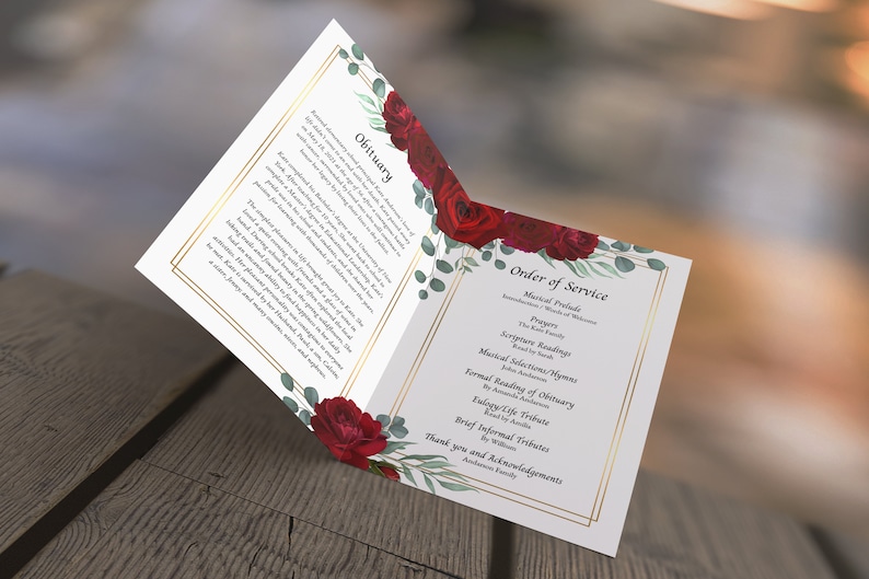 Red Rose Funeral Program Template, 4-page Booklet (canva, Word ...