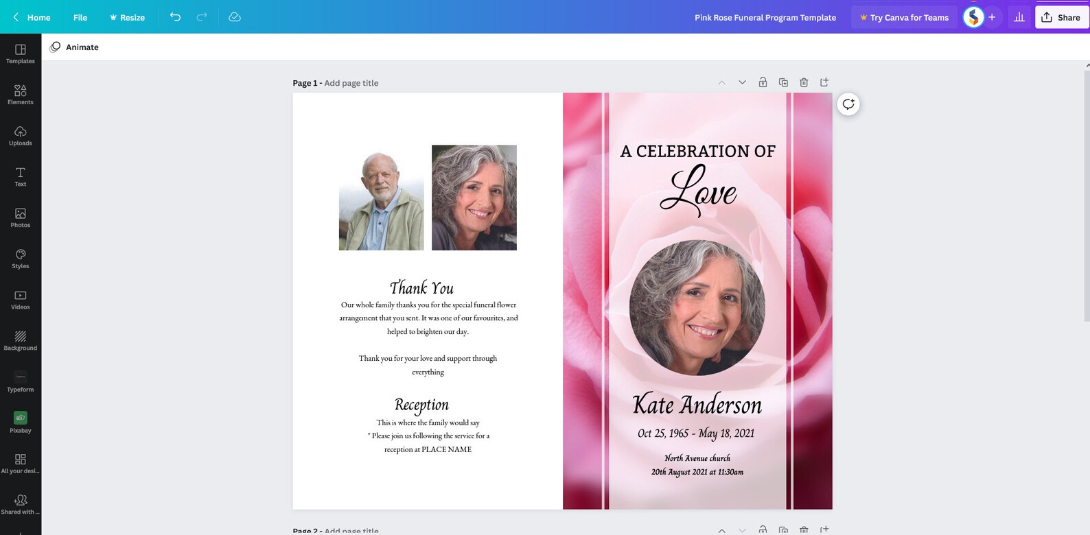 Pink Rose Funeral Program Template, Celebrating the Life of Funeral ...