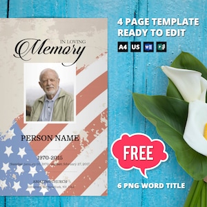 以下が含まれることがあります： 赤白青のアメリカ国旗の背景を持つ4ページの追悼テンプレート。テンプレートには、写真プレースホルダー、名前、日付、教会の名前と住所のスペースが含まれています。ページの上部には「IN LOVING MEMORY」というテキストがあります。テンプレートは無料でダウンロードでき、6つのPNGワードタイトル画像が含まれています。