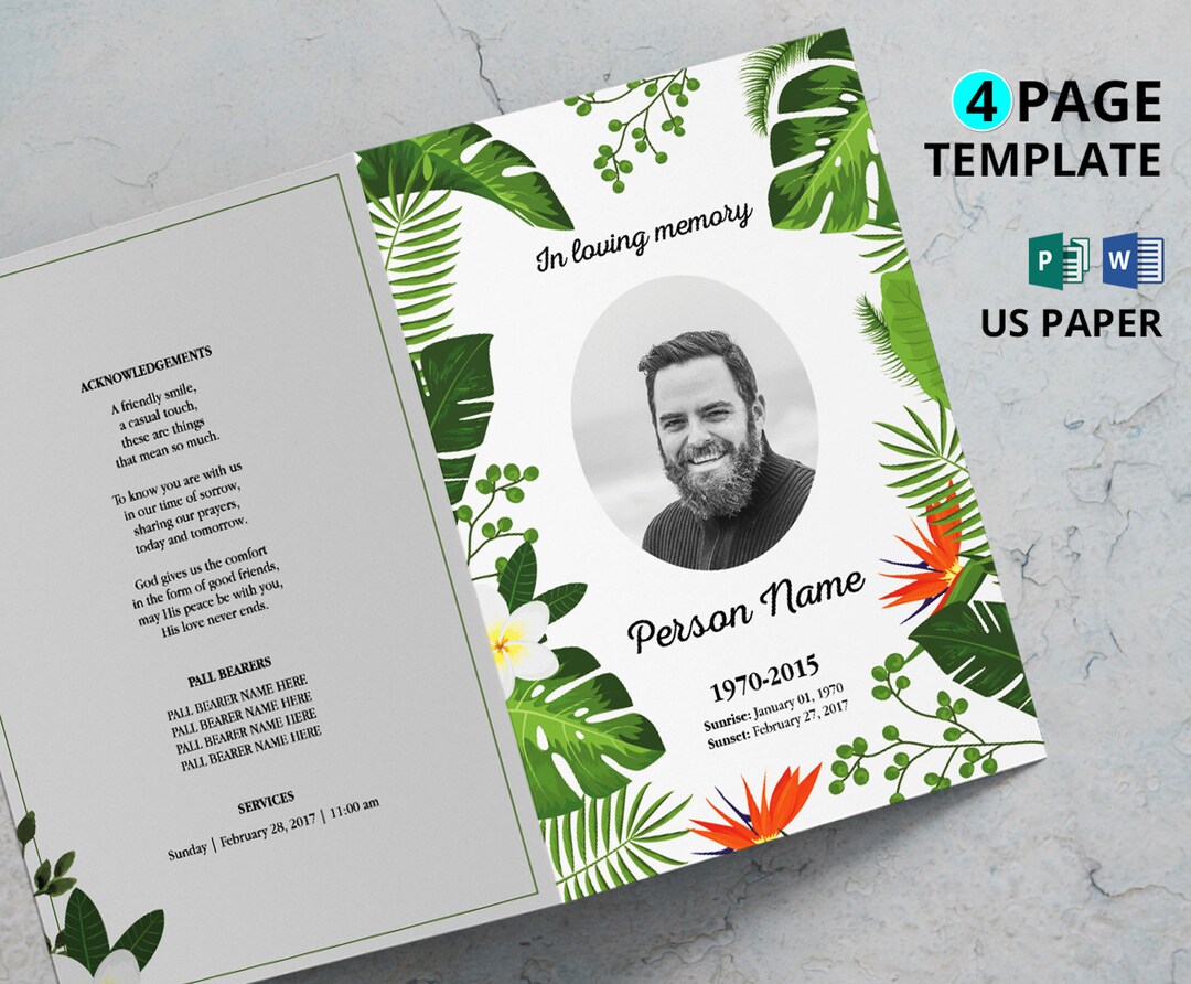 WATERCOLOR LEAF Funeral Program Template, Obituary Program, Memorial ...