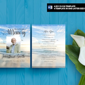 PRAIA DO MAR | Cartão de oração para impressão, modelo de cartão de funeral, ideias para funeral, cartão de oração editável