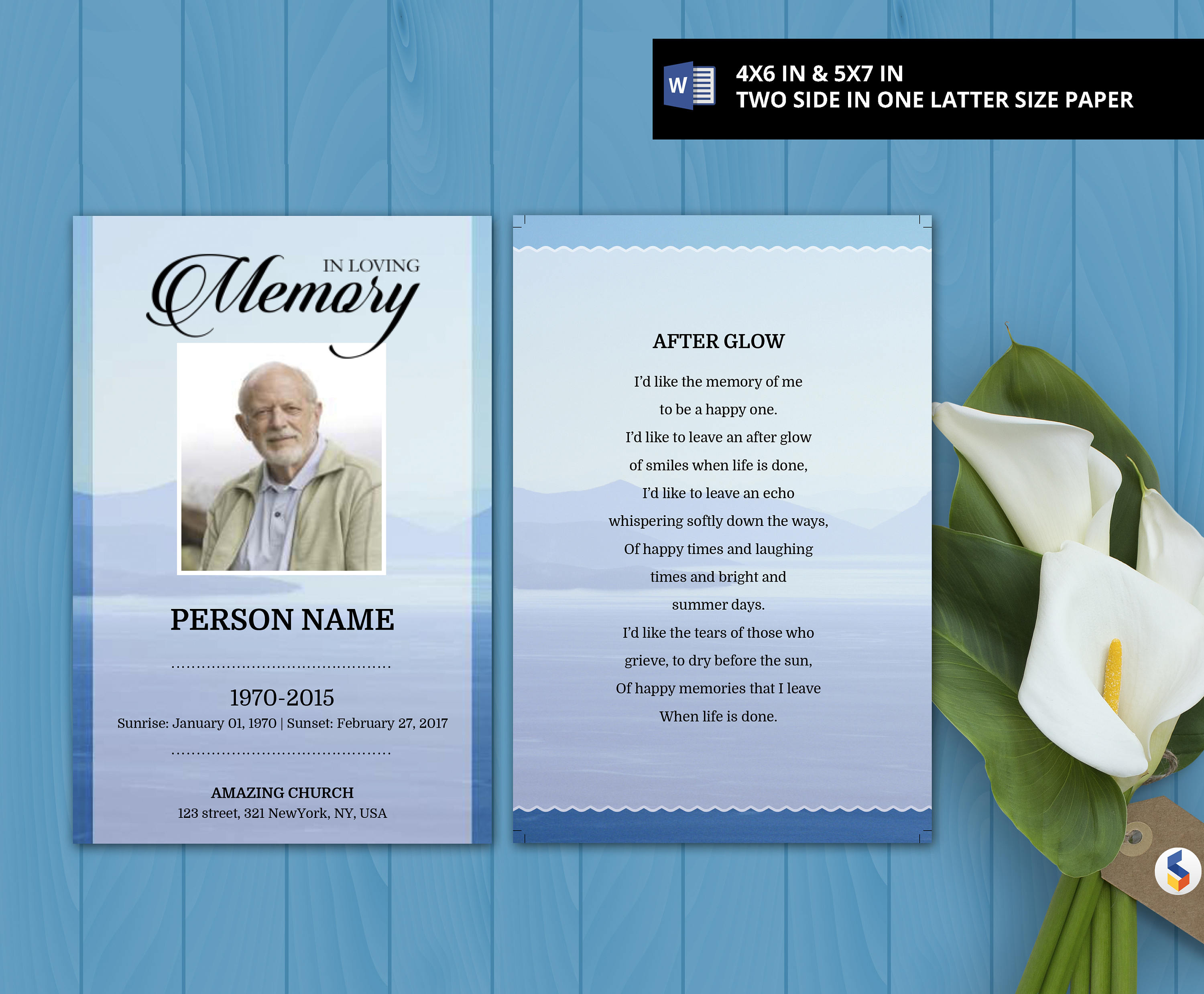 BLUE MOUNTAIN | Printable Prayer Card, Funeral Card Template,funeral ...