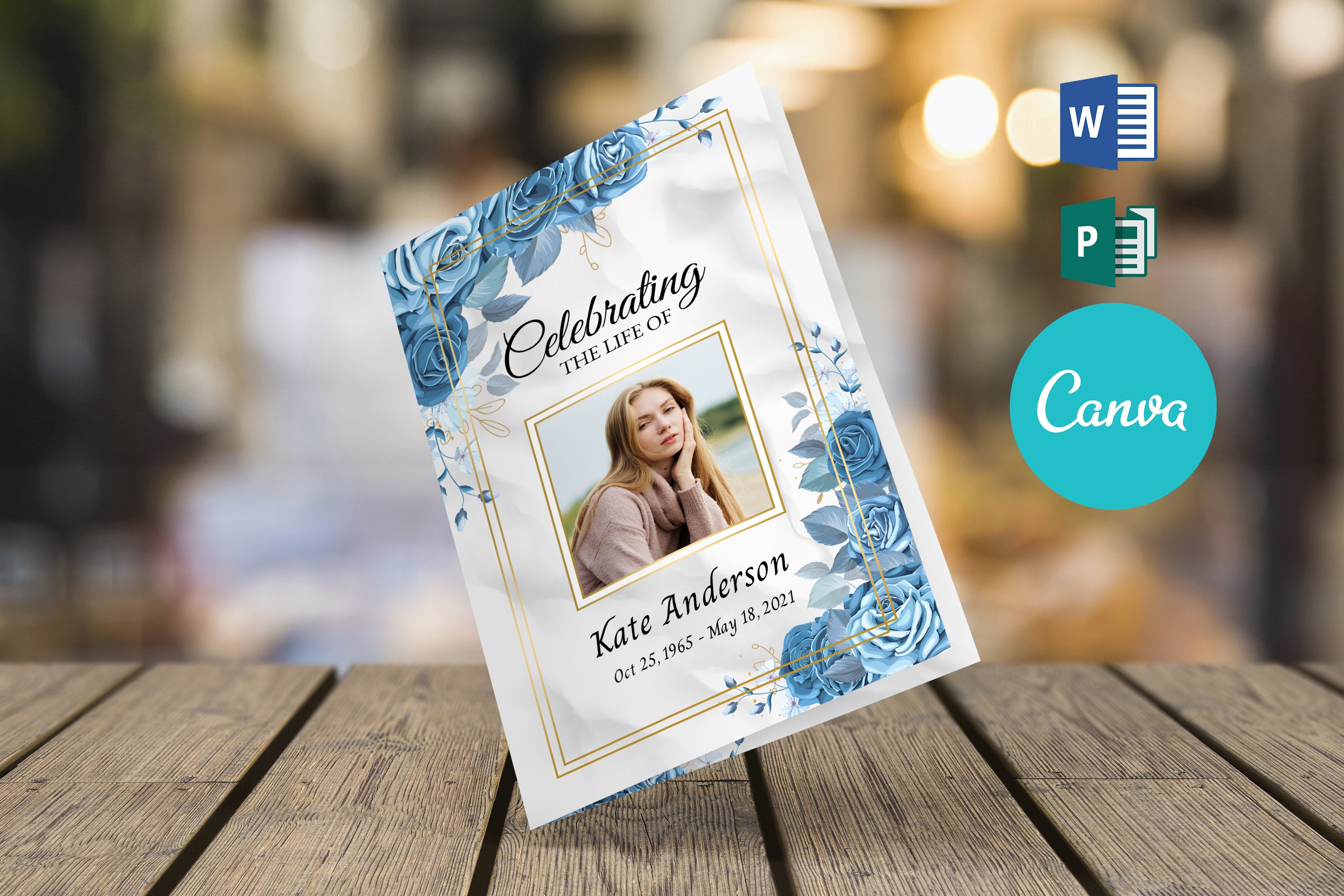 Blue Rose Funeral Program Template for Women, Celebrating the Life of Funeral Program 4 Page Booklet, Word, Publisher and Canva Template