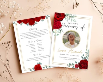 Begrafenisuitnodiging rode roos, sjabloon overlijdensbericht, elektronische Canva-uitnodiging