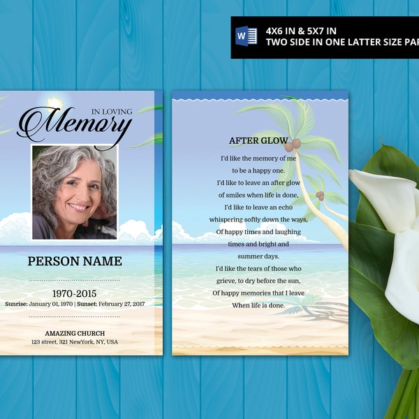 SEA BEACH | Printable Prayer Card, Funeral Card Template,Funeral Ideas,Editable Prayer Card