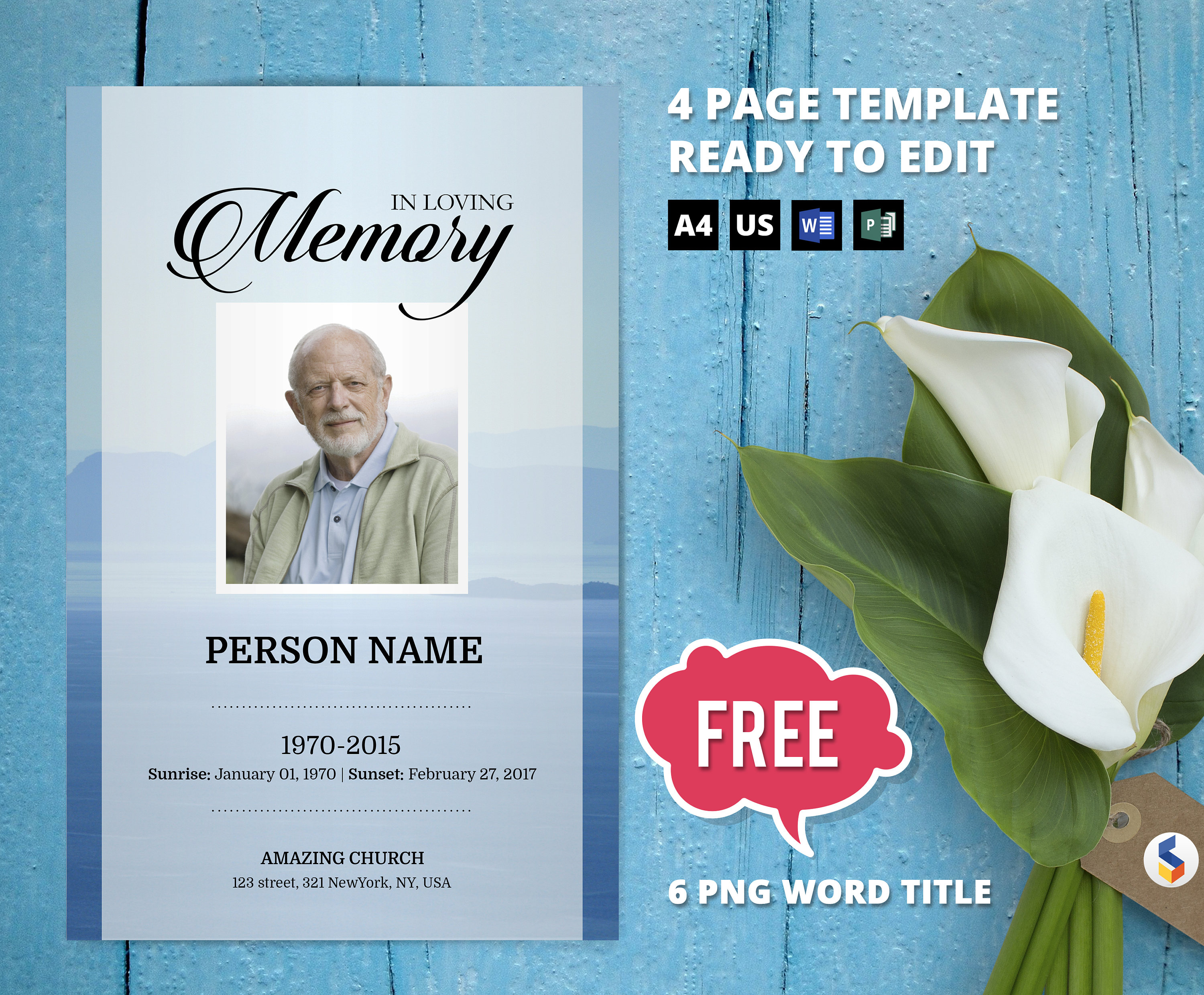 BLUE MUNTAIN  Funeral Program Template, Obituary Program, Memorial Program  Template, Microsoft Word and Publisher Template Regarding Free Obituary Template For Microsoft Word