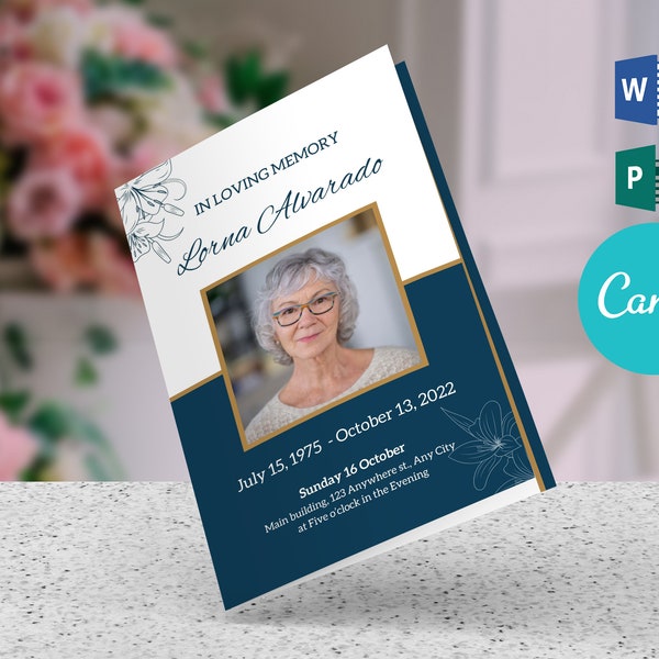 Editable Blue and Gold Frame Funeral Program Template for Women | 4-Page Booklet | Editable in Microsoft Word, Publisher, and Canva