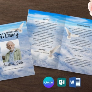 Angel Dove on Sky Funeral Program Template for Men, 4 page Obituary Template, Editable in Word, Publisher and Canva