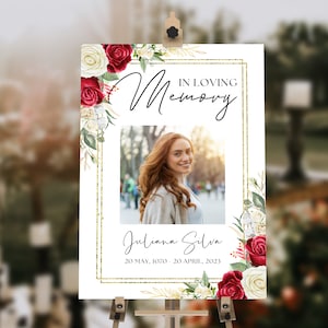 Cartel de bienvenida al funeral personalizado con decoración de rosas rojas y blancas: póster en memoria amorosa, plantilla de Canva, editar en línea