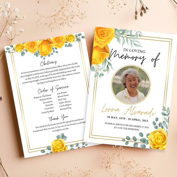 Yellow Rose Funeral Invitation, Printable and Electronic Invitation, Watercolor Yellow Rose Floral Invitation, Canva Edit Online