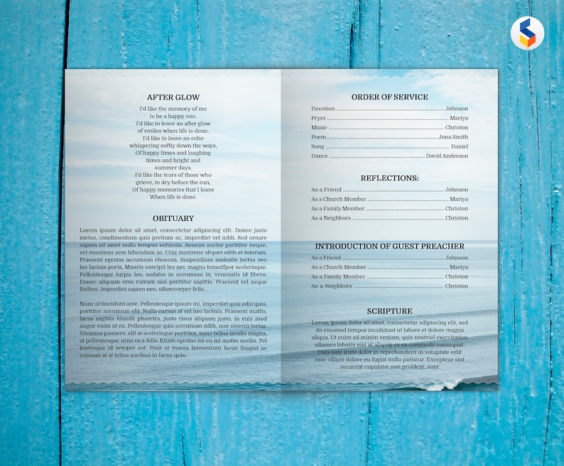SEA BEACH Funeral Program Template, Obituary Program, Memorial Program