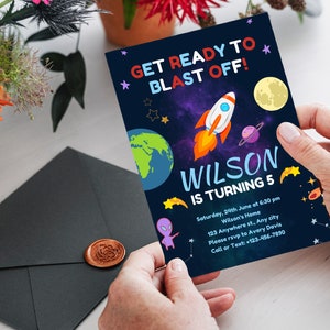 Tarjeta de fiesta de cumpleaños de Ourter Space, invitación de Microsoft Word y Canva, invitación de fiesta de cumpleaños de DIY Space