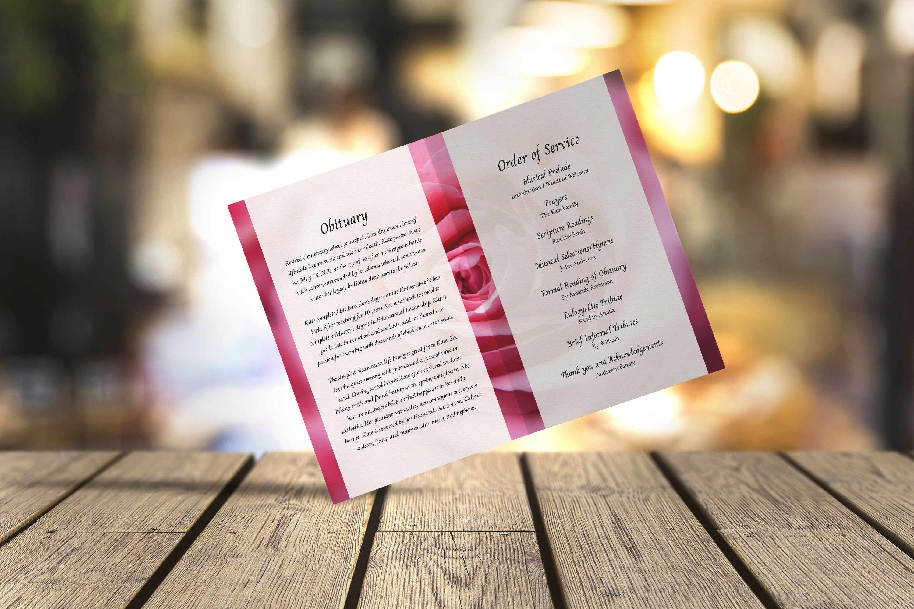 Pink Rose Funeral Program Template, Celebrating the Life of Funeral ...