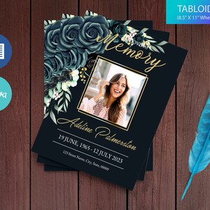 May include: A black and gold funeral announcement with a floral design and a photo of a woman. The text reads "In Loving Memory", "Adeline Palmerston", "19 June, 1965 - 12 July 2023", and "123 Street Name, City, State, 00000". The announcement is a tabloid size, 17 inches by 11 inches, and folds to 8.5 inches by 11 inches.
