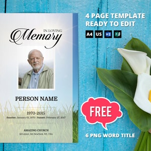SKY AND GREEN | Funeral Program Template, Obituary Program, Memorial Program Template, Microsoft Word & Publisher Template