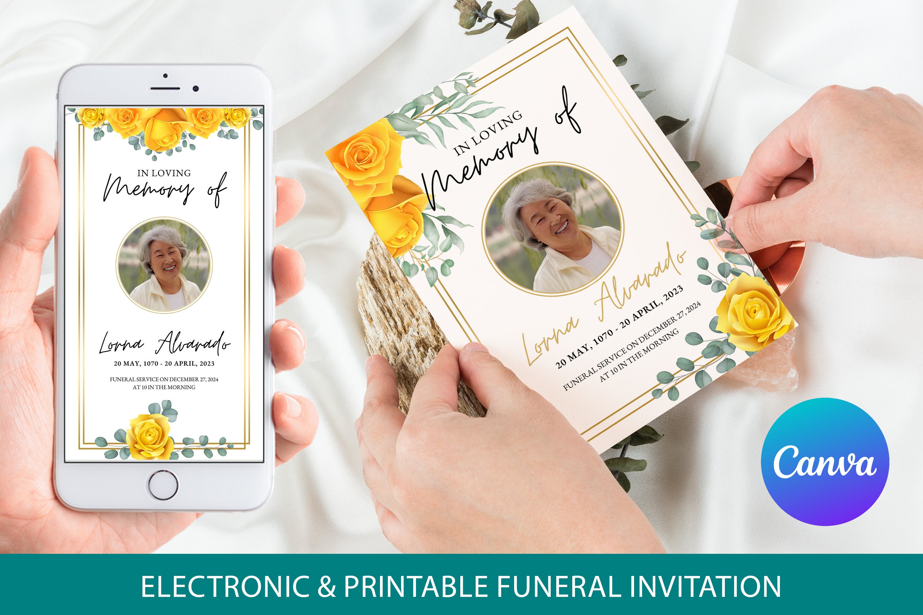 Yellow Roses Funeral Vector Yellow Rose Funeral Invitation, Watercolor Floral (printable ...