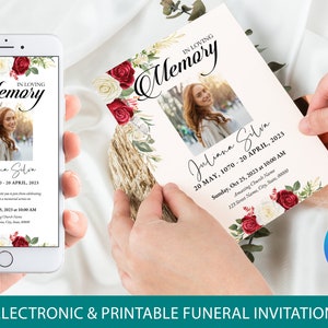 Modelo de convite para funeral com rosas vermelhas e brancas | Modelo de anúncio de funeral eletrônico e para impressão | Modelo editável online do Canva