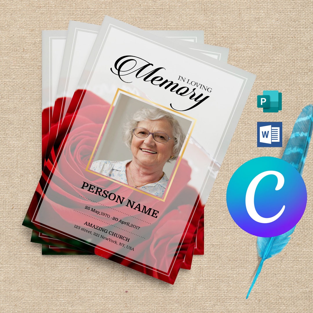8 Page Red Rose Funeral Program Template for Women | 8 Page Template ...