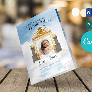 Funeral Template for Men Or Women with Golden Heaven gate, Editable Microsoft Word, Microsoft Publisher and Canva online editor