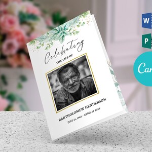 Greenery Funeral Program Template for Men, Celebrating the Life of Funeral Program 4 Page Booklet, Word, Publisher and Canva Template