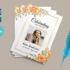 May include: A white funeral order of service template with a gold border and floral design. The order of service features a photo of a woman and the text "Celebrating the Life of Kate Anderson Oct 25, 1965 - May 18, 2021".