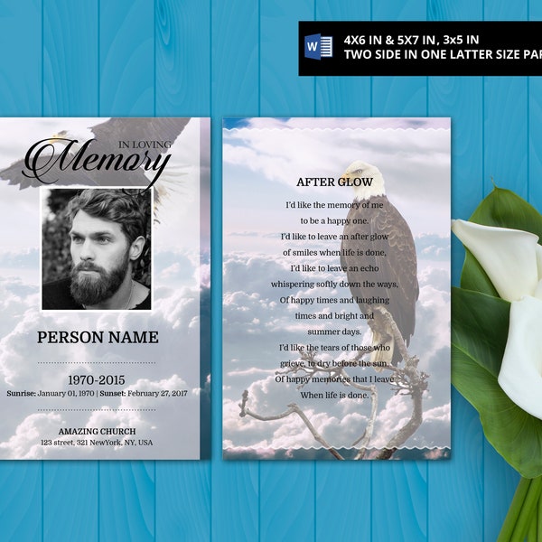 EAGLE & SKY / Tarjeta de oración imprimible, Plantilla de tarjeta funeraria, Ideas funerarias, Tarjeta de oración editable