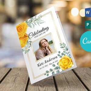 Plantilla de programa funerario de la rosa amarilla para mujeres, Celebrando la vida del programa funerario Folleto de 4 páginas, Plantilla de Word, Publisher y Canva