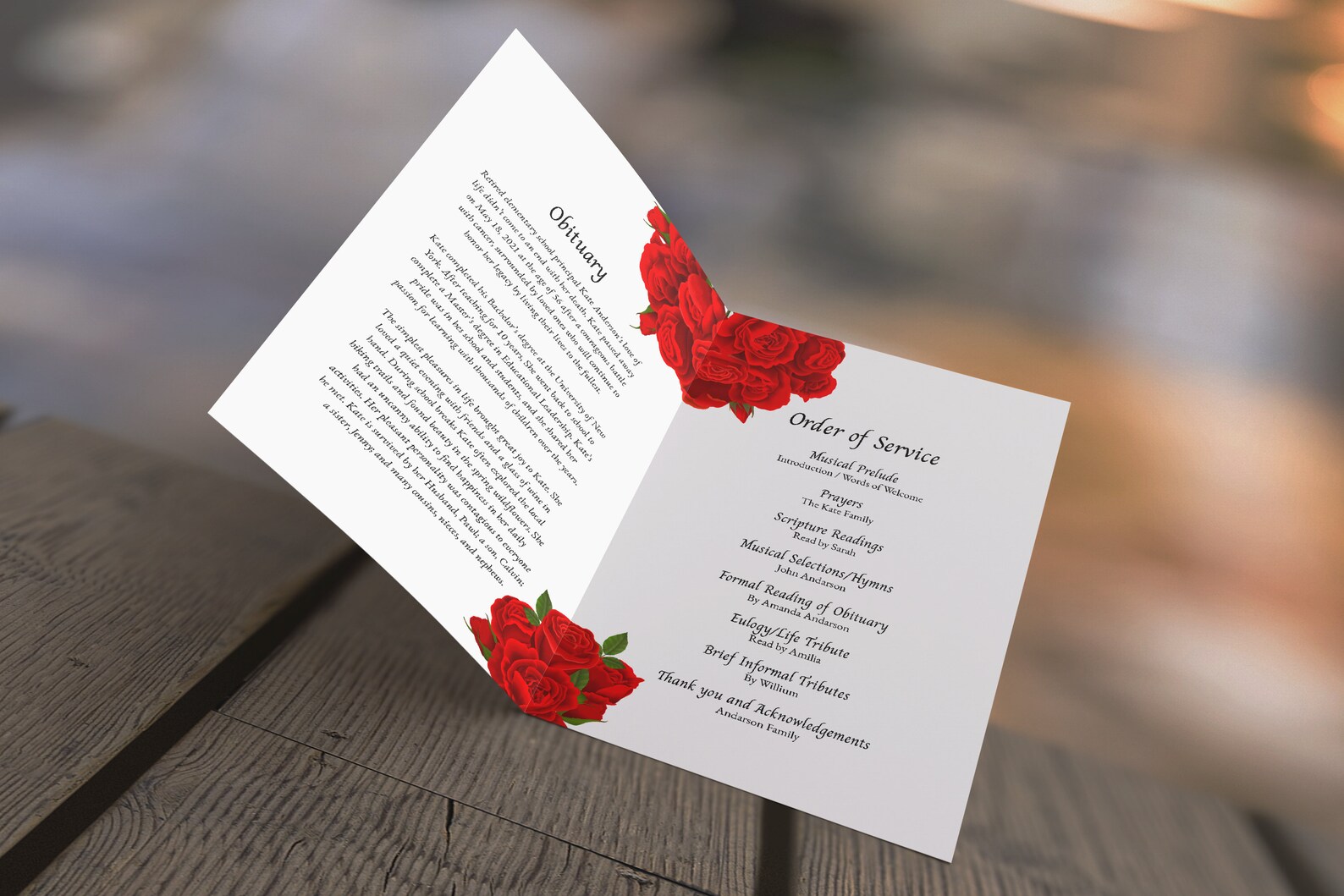 Rose Funeral Program Template, Celebration of Life, Canva, Word ...