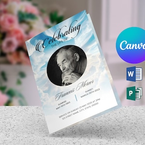 May include: A blue and white funeral order of service with a photograph of a man in a circle. The order of service says "Celebrating the Life of Francois Mercer" and includes dates of birth and death. The order of service also includes information about the funeral service.