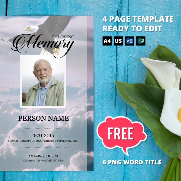 Funeral Program Template for men, Obituary Program, Memorial Program Template, Funeral program word,funeral program Eagle and Sky