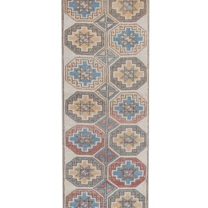 May include: A long, narrow rug with a cream background and a repeating pattern of blue, red, and yellow geometric shapes. The rug has a fringe on both ends.