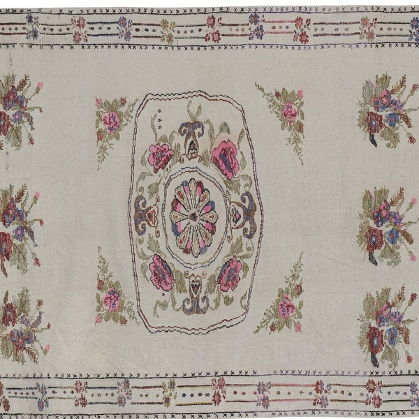 Tapis Kilim pour enfants à motif floral tissé à la main, Jajim en laine turque à suspendre au mur, tapis de tapisserie d'Aubusson, 4'7'' X 6'4''