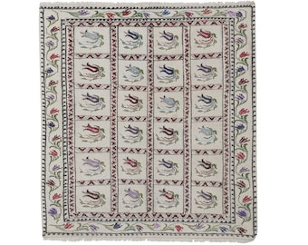 Handwoven Floral Pattern Needlepoint Kilim Rug, Turkish Mid Century Wall Hanging Modern Jajim, Nearly Square Aubusson Tapestry, 3.8 x 4.1 ft