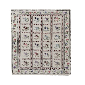Handwoven Floral Pattern Needlepoint Kilim Rug, Turkish Mid Century Wall Hanging Modern Jajim, Nearly Square Aubusson Tapestry, 3.8 x 4.1 ft