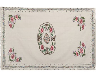 Handwoven Floral Pattern Needlepoint Kids Kilim Rug, Turkish Mid Century Modern Jajim, Large Aubusson Tapestry, 4&#39;7&#39;&#39; X 6&#39;11&#39;&#39;