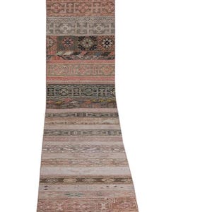 May include: A long, rectangular, rolled-up rug with a patchwork design. The rug features a variety of patterns and colors, including pink, brown, beige, and blue. The rug is likely made of woven fabric.