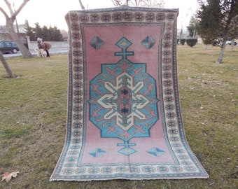 Vintage Turkish Blue Color Oushak Rug, Living Room Rug, Medium Size Handmade Large Wool Carpet for Modern office &  Home Decor 5.2 x 7.6 ft.