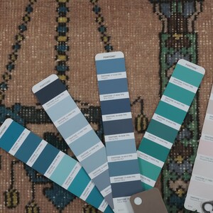 May include: A close-up of six Pantone color swatches, showing various shades of blue and teal. The swatches are laid out on a patterned rug.
