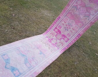Pale Pink and Rose Gold Coloured Decorative Vintage Long Kurdish Runner with ornate borders, Modern Traditional Style Hallway Gallery Carpet