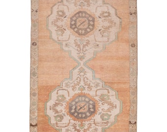 Rustic Style Vintage Turkish Oushak Wide Runner with Geometric and Floral Design 4&#39;11&#39;&#39; X 10&#39;3&#39;&#39;