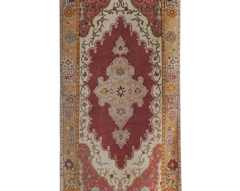 ヴィンテージ ミッドセンチュリー 手織りラグ、幾何学模様の赤と金色の