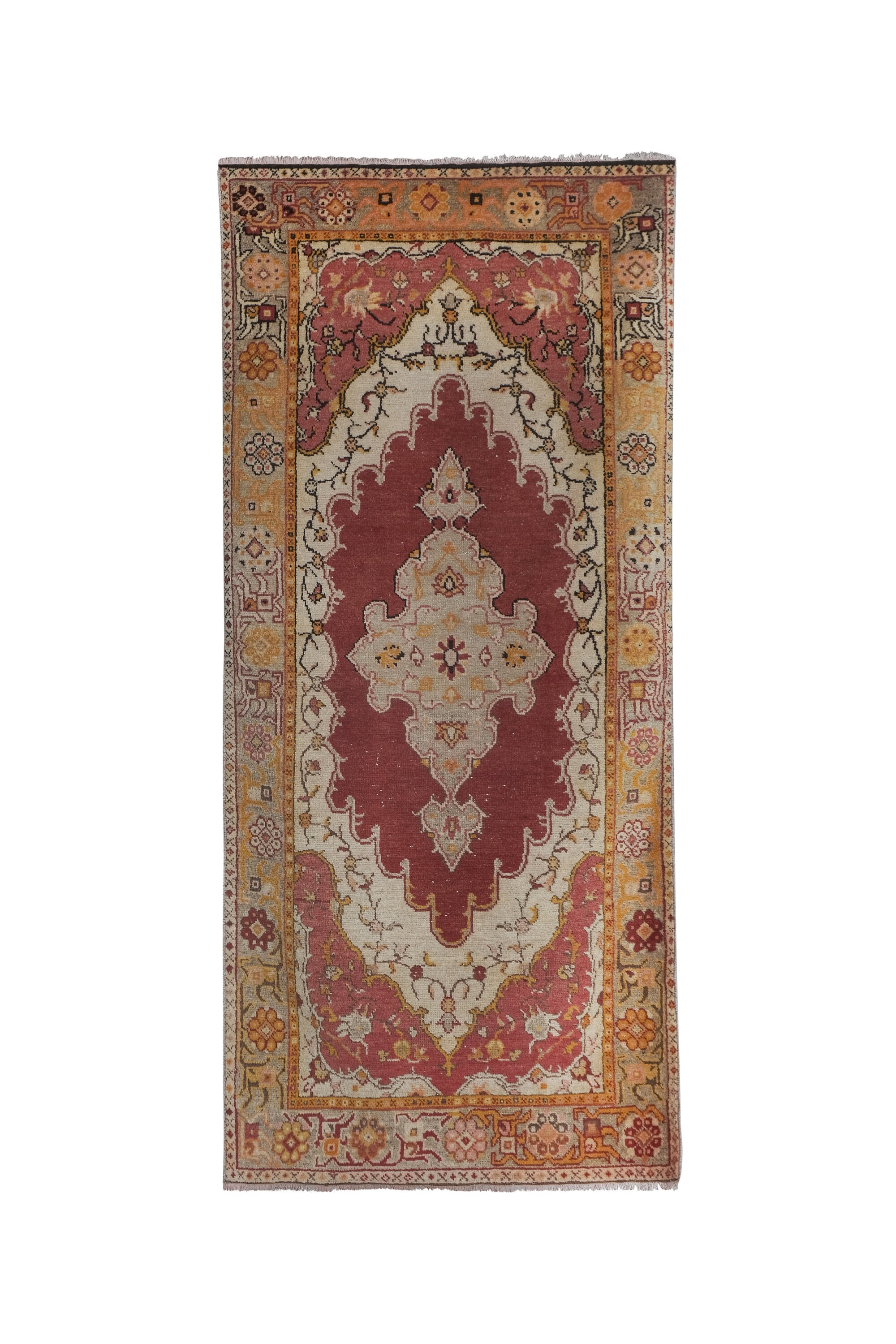 ヴィンテージ ミッドセンチュリー 手織りラグ、幾何学模様の赤と金色の