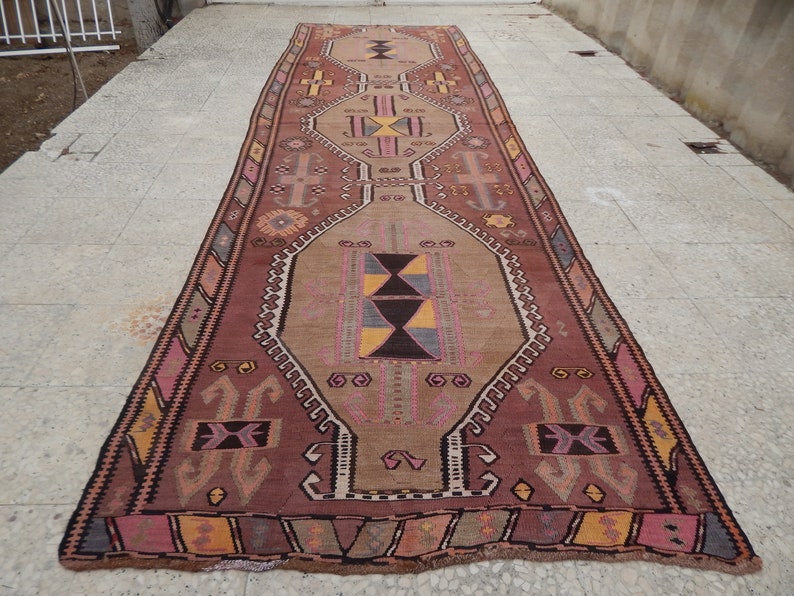 Pink Yellow And Camel Wool Color Long Kilim Runner Oushak Image 0