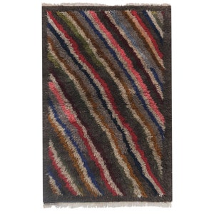 Vintage Angora Mohair Primitive Tulu Rug, Multi Color Rustic Wool Anatolian Shaggy Carpet, 3'8'' X 5'9''