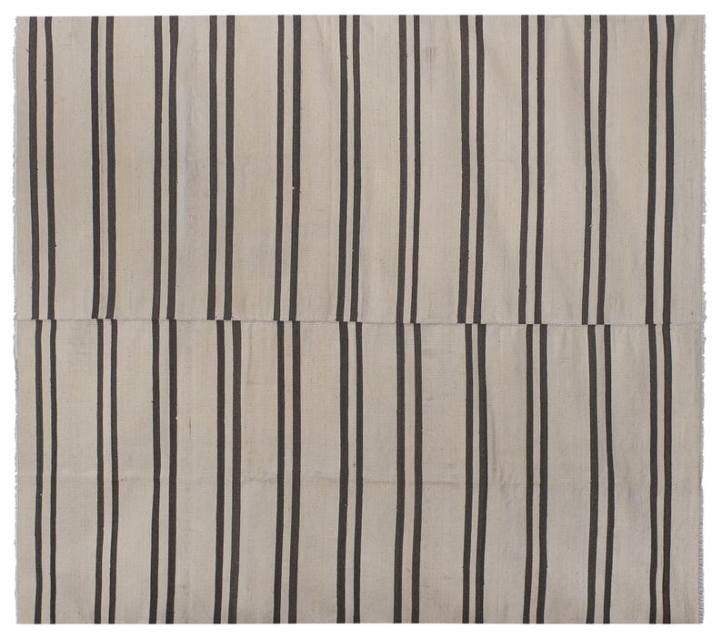 May include: A white and black striped rug with a simple, geometric design. The rug is made of a soft, woven material and has a subtle sheen.