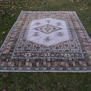 Farmhouse Kitchen Decor Vintage Mid Century Turkish Oushak Rug, Overdye Pastel Wool Rugs, Muted Low Pile Handwoven Orient Rug 6.7 X 9.3 ft.