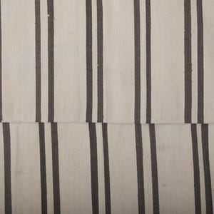 May include: A white and black striped rug with a woven texture. The rug has a simple design with alternating stripes of white and black.