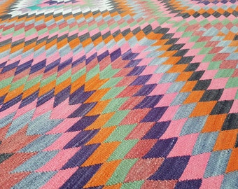 Faded rose vert, DIAMANT de couleur Orange motif Oriental Kilim tapis, grande maison Microtuft déco Bohème Kelim 5'7 '' X 9'6 '' / 170 x 290 cm