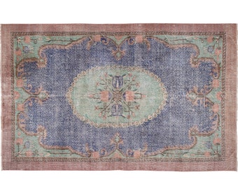 Blue and Green Color Mid 20th century Deco Rug with French Savonnerie or Aubusson Design, 6.3 x 10 Ft.